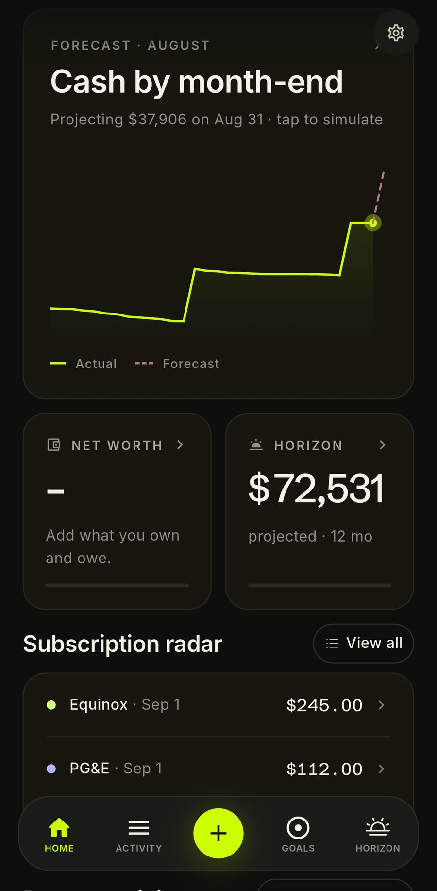 Trove month-end cash forecast chart