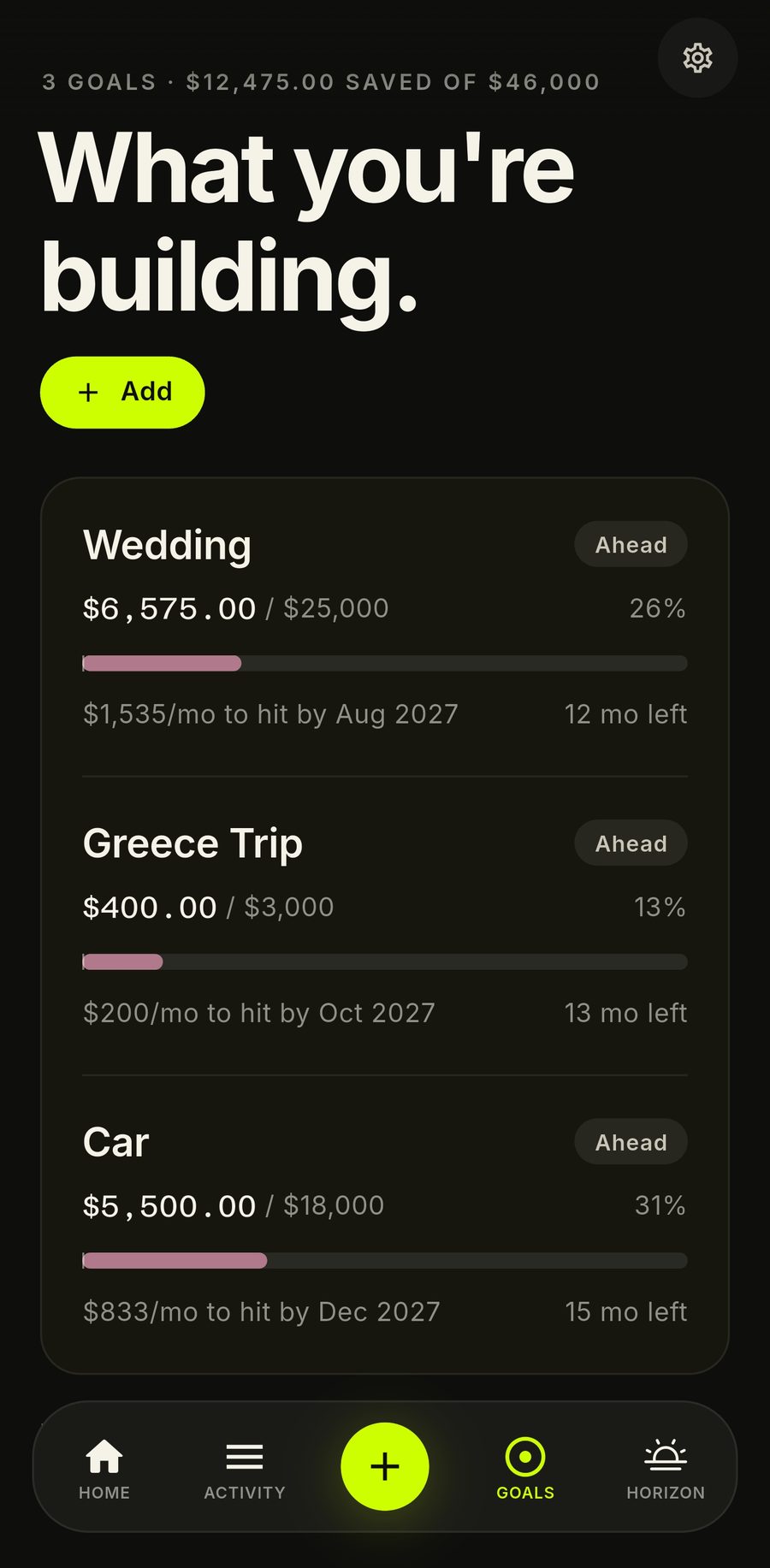 Trove savings goals screen